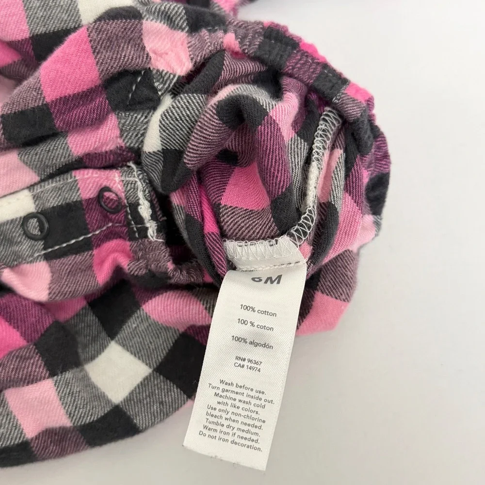 OshKosh Bgosh Baby Girl 6M Pink Black Buffalo Plaid Flannel Bodysuit Long Sleeve